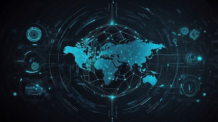 Fototapeta premium Holographic dashboard digital world map, business growth block chain technology.