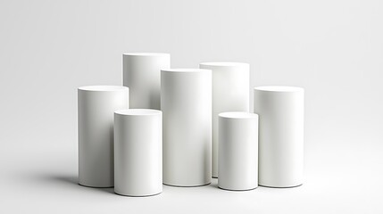 White cylindrical pedestals offer a minimalist stage for product display.