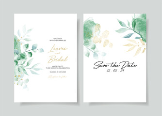 Beautiful abstract green watercolor wedding invitation card template with leaves decoration. Gold leaves decoration.