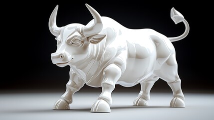 A white bull statue in 3D embodies Wall Street's bullish market, financial success, and power.