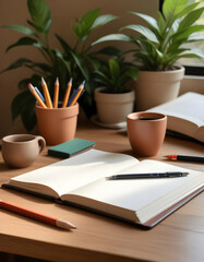 A wooden desk with an open notebook, a pen, and a cup holding pencils and pens. In the background, there is a potted plant and some books stacked on the desk