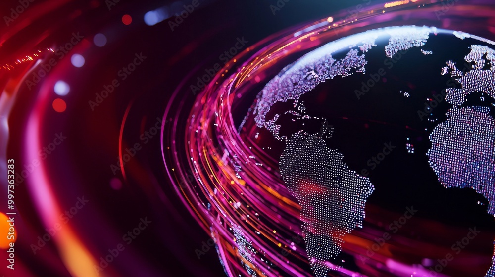 Poster digital globe with vibrant light trails and colorful abstraction.