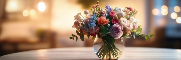 A colorful assortment of flowers is elegantly arranged in a glass vase on a light wood table, creating a warm ambiance. Generative AI