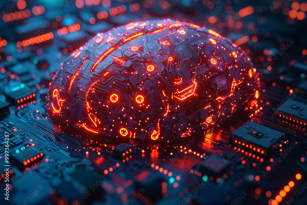 Poster a brain made of interconnected lights, blending seamlessly with a computer circuit board. concept of