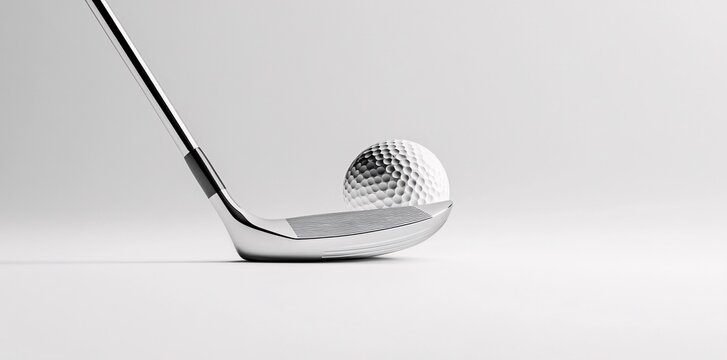 A golf club with a golf ball resting on top of it on a white background. Generative Ai