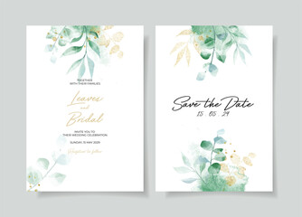 Beautiful abstract green watercolor wedding invitation card template with leaves decoration. Gold leaves decoration.