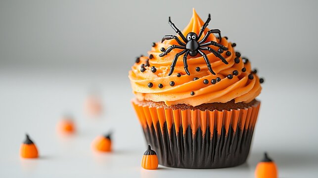 A Halloween cupcake topped with a playful spider and colorful sprinkles brings sweet spookiness to life.
