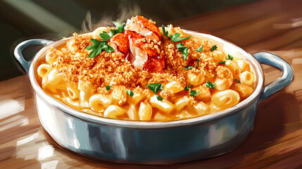An illustration of a gourmet lobster mac and cheese with a crispy topping and fresh herbs.
