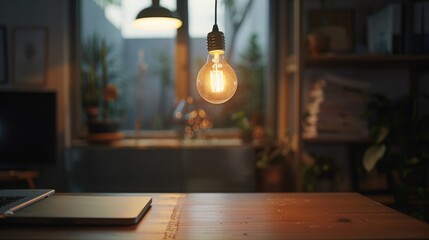 A single light bulb hangs above a wooden desk, creating a warm and inviting atmosphere in the room.