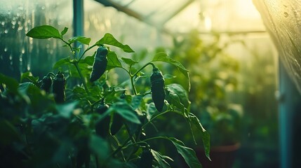 Lush green pepper plants in a greenhouse setting.