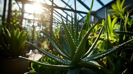Obraz premium Lush green plants thriving in a greenhouse setting.
