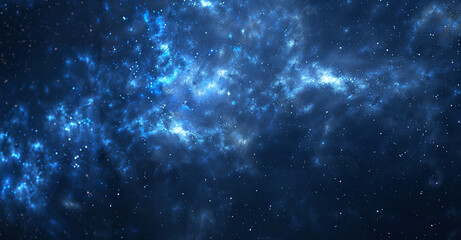 Abstract blue night sky with stars and glow, dark background. Dark space texture with glowing particles. Background of starry cosmos