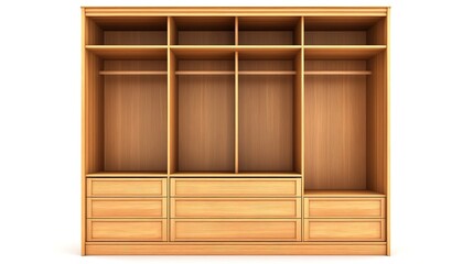 Wooden wardrobe and open closet isolated on white background 