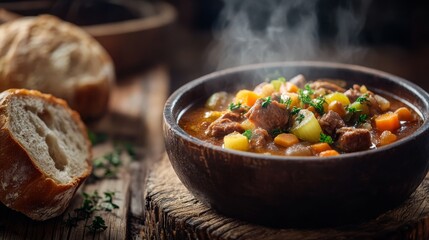 A steaming bowl filled with tender beef and vibrant vegetables sits on a rustic table, accompanied by a piece of crusty bread, inviting warmth and comfort