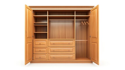 Wooden wardrobe and open closet isolated on white background 