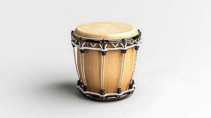 A wooden conga drum with white rope sits elegantly isolated on a white background.