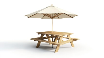 Wooden picnic table with benches and sun shade umbrella, one piece wood furniture for outdoor dining isolated on white background 3d rendering 
