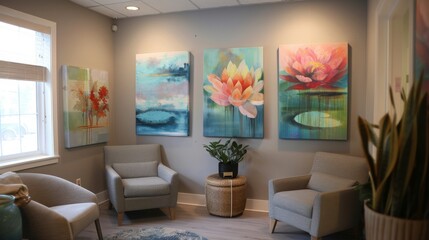 A serene waiting room with four floral paintings, two comfy chairs, a potted plant, and a woven side table.