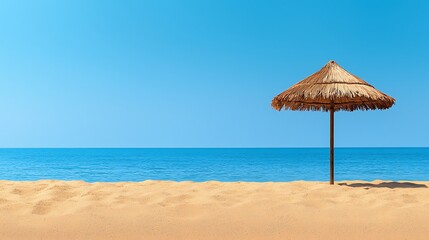 A tropical beach umbrella shades the sandy shore, with a clear blue sky and ocean in the background.