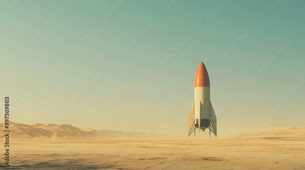 Poster a rocket is ascending against a clear sky in a vast desert environment. the landscape features gentl