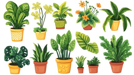 various digital stickers of house plants, adorable kawaii, isolated on a white background  