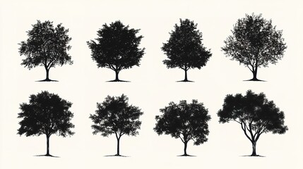 Tree silhouette set. CAD Drawing on white background  