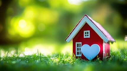 Small red house with a heart in a green setting.