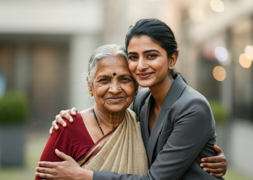 Happy indian elderly mom and young daughter hugging together. Happy life concept.
