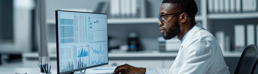 Scientist Analyzing Data on Computer in Modern Laboratory with Advanced Technology and Research Equipment