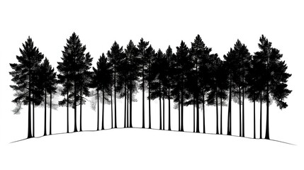Pine trees forest isolated on white background Black stylized silhouette photo 