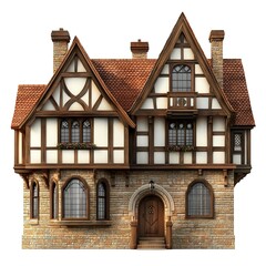 Fototapeta premium Photorealistic tudor house 3d model - isolated on white background. Tudor Architecture. Illustration