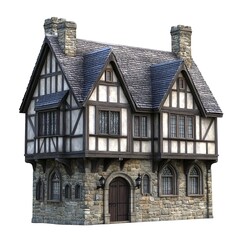 Photorealistic tudor house 3d model - isolated on white background. Tudor Architecture. Illustration 