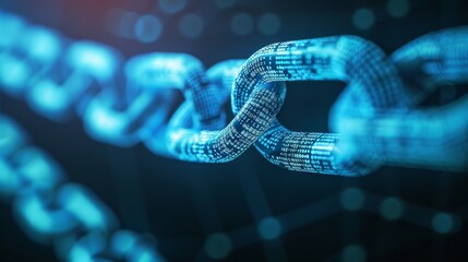 A close-up of a digital chain made of code, representing security, connectivity, and blockchain technology.