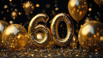Golden 60th Birthday Celebration with Balloons and Confetti in a Festive Party Atmosphere