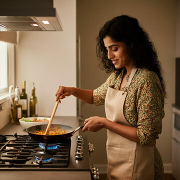 Happy beautiful young indian woman cooking in home kitchen.