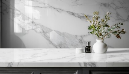 A white kitchen tabletop is used to showcase products. The marble countertop is empty. Simple mockup suitable for a restaurant or beauty advertisement.