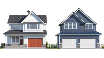 Neighborhood real estate countryside houses. Two-story dwellings with garages, isolated on white background. 