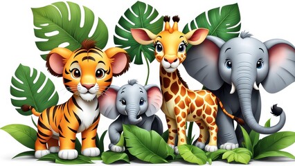 Colorful cartoon animals in a jungle setting, featuring a tiger, elephant, giraffe, and foliage.