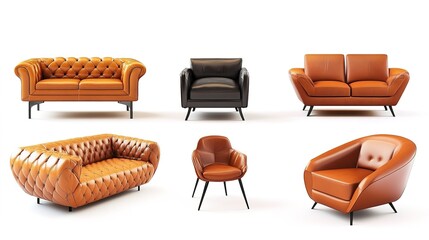 Modern different leather furniture set isolated on white background  