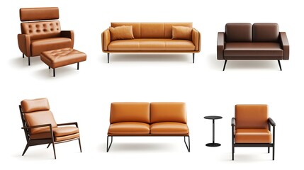 Modern different leather furniture isolated on white background 
