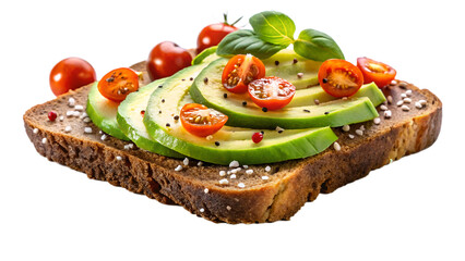Fresh avocado slices arranged on toast with cherry tomatoes on a transparent background