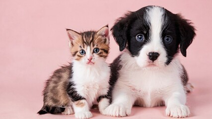 Adorable kitten and puppy with blue eyes looking at the camera against a pink background.