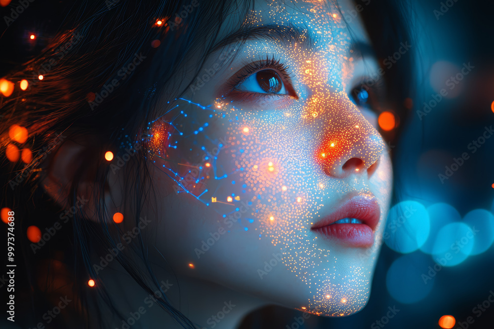 Poster a person thinking deeply with a digital projection of their thoughts as data points, connecting to a