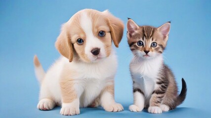 Obraz premium Cute Puppy and Kitten Sitting Together on a Blue Background.
