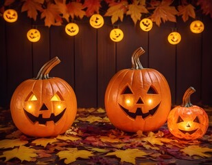 Decorative Halloween pumpkins with carved faces, autumn leaves, and a lantern