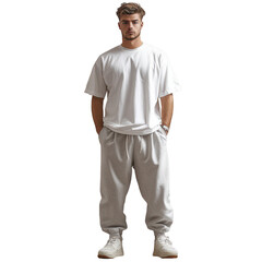 Fototapeta premium Man in White Sportswear Standing Directly Against a Plain Background with Neutral Expression.