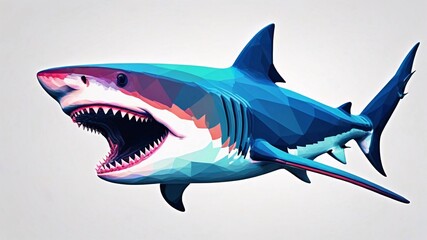 Fototapeta premium A low-poly rendering of a shark with its mouth open, showcasing sharp teeth, against a white background.