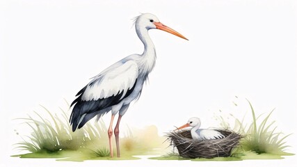 Fototapeta premium Watercolor illustration of a stork standing near a nest with a baby stork inside.