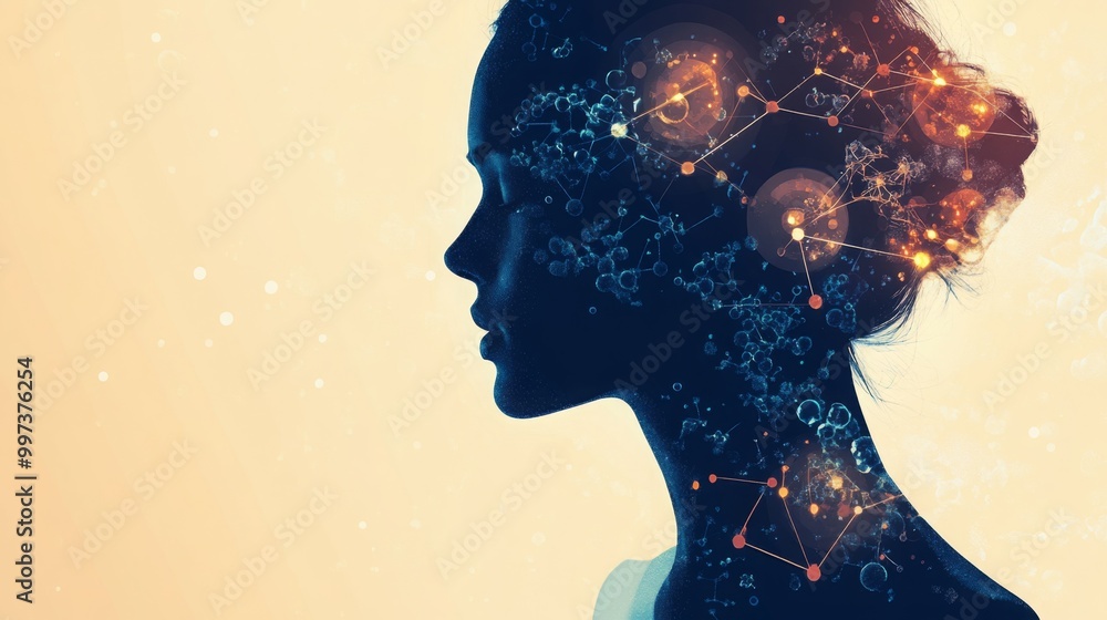Poster a side profile of a woman is illustrated with intricate patterns and glowing elements suggesting cre