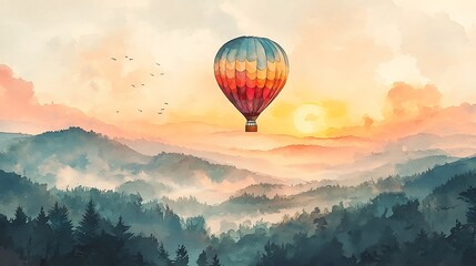 Fototapeta premium A hot air balloon floats over misty mountains at sunset, creating a dreamy landscape.